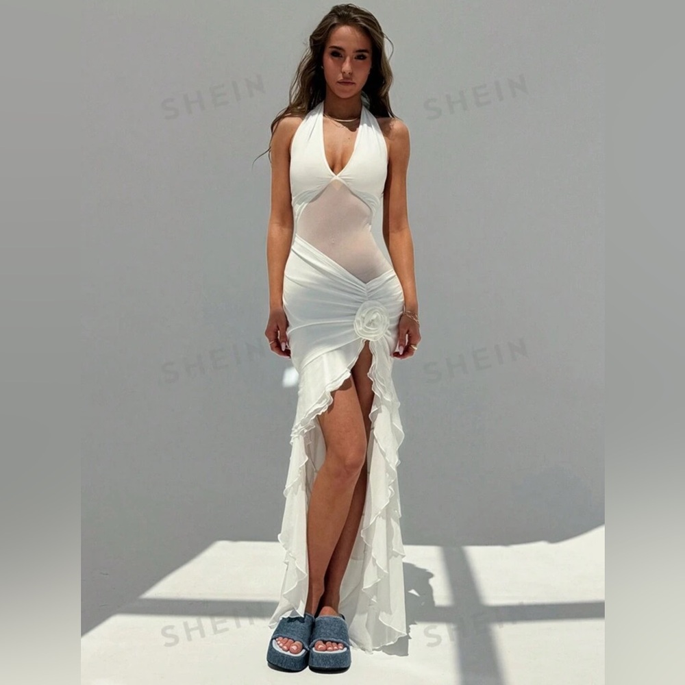 NEW Spring/Summer Deep V-Neck Halter Backless White Ballroom Party Elegant dress